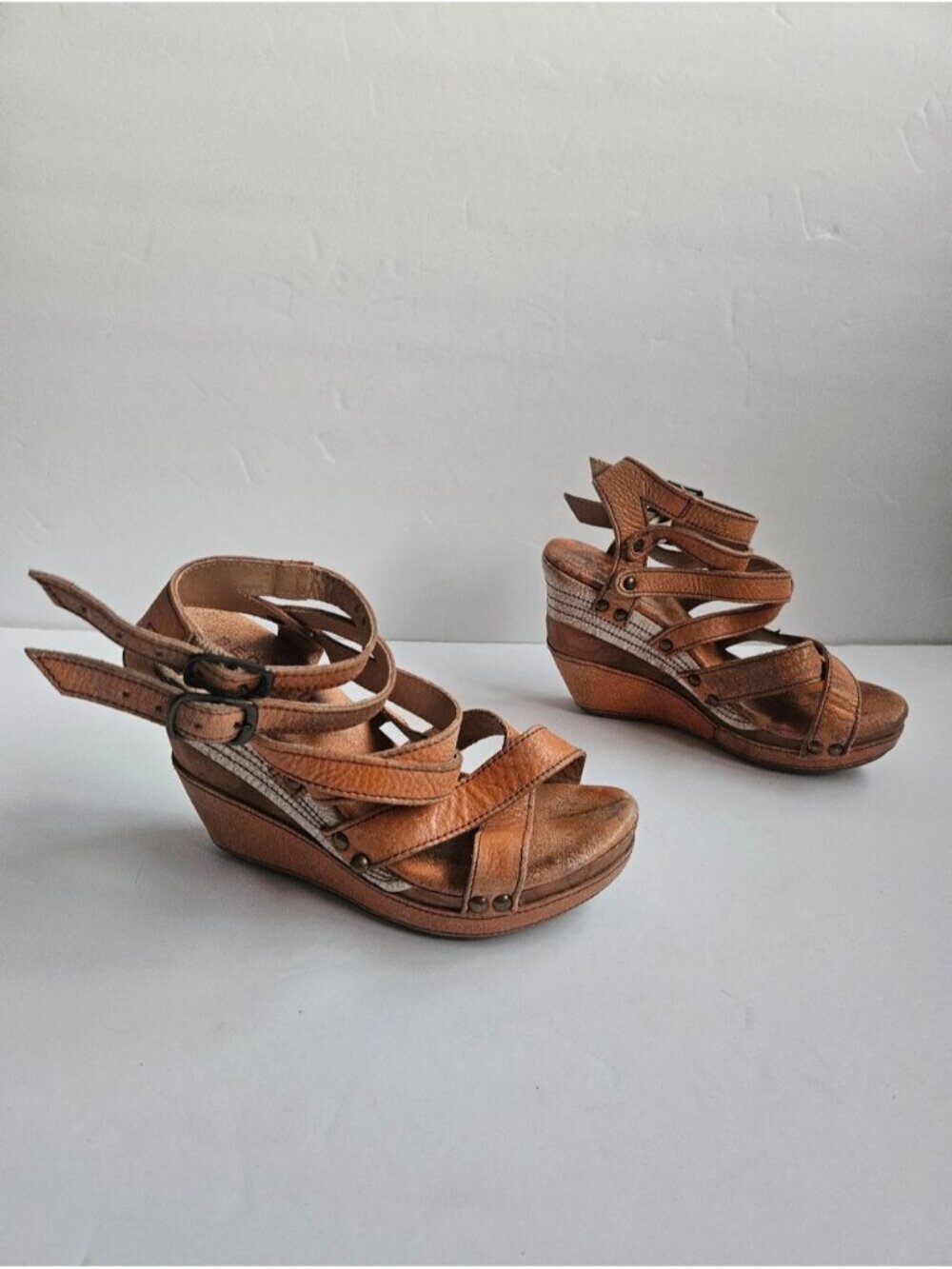 Bed Stu Distressed Orange Leather Strappy Juliana Wedge Sandals